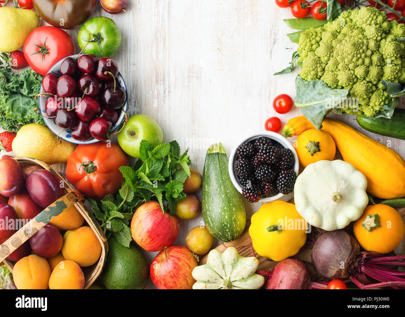 Healthy eating, summer fruits vegetables berries, cherries peaches