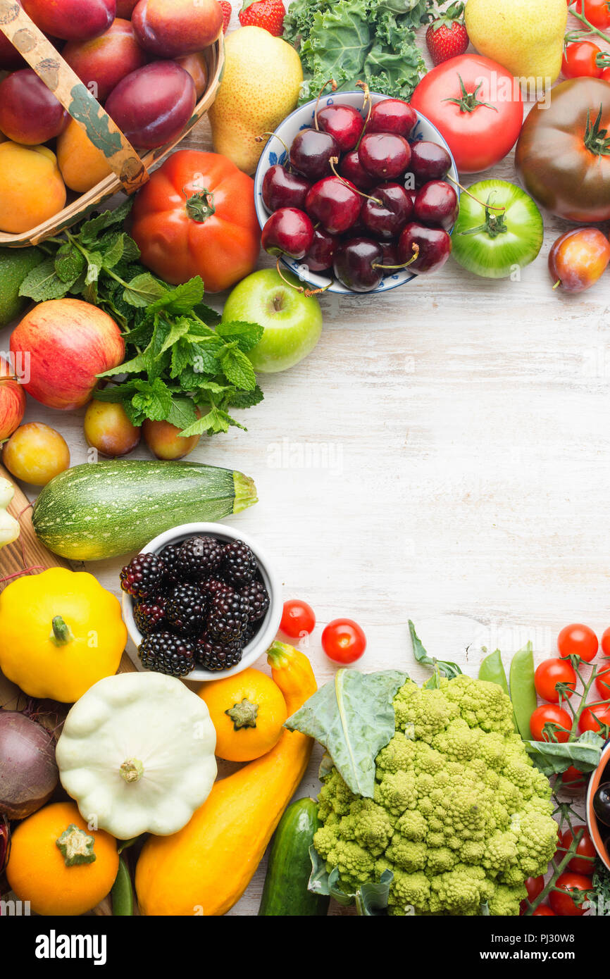 Healthy eating, summer fruits vegetables berries, cherries peaches broccoli squash tomatoes