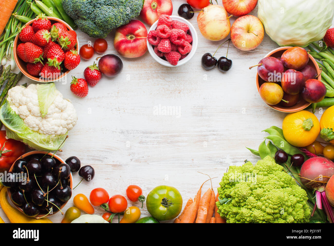 Fresh farm produce frame, fruits vegetables berries, apples cherries