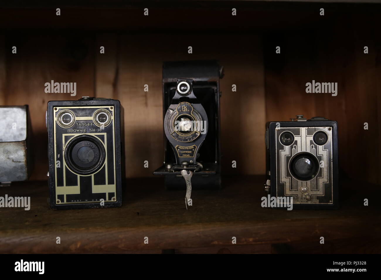 vintage cameras on shelf Stock Photo