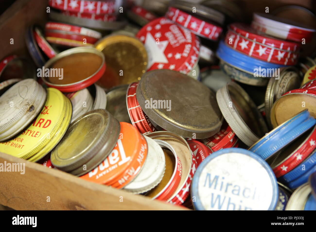 vintage lids in antique store Stock Photo Alamy