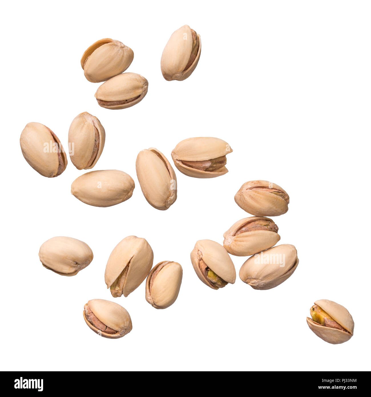 Pistachio nuts isolated on white background. Levity kernels Stock Photo