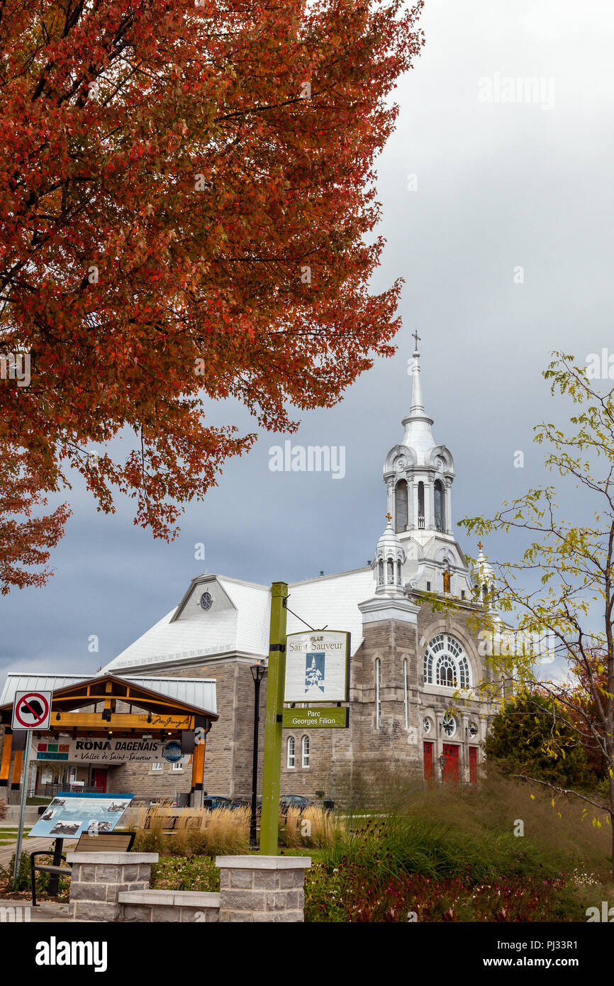 Paroisse Saint-Sauveur, church at Saint-Sauveur village in Laurentides, Quebec, Canada Stock Photo