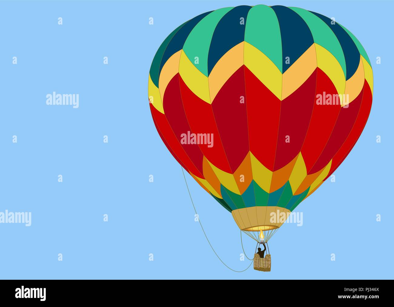 balloon with a basket and a flame from a burner, hovers in a blue sky Stock Vector