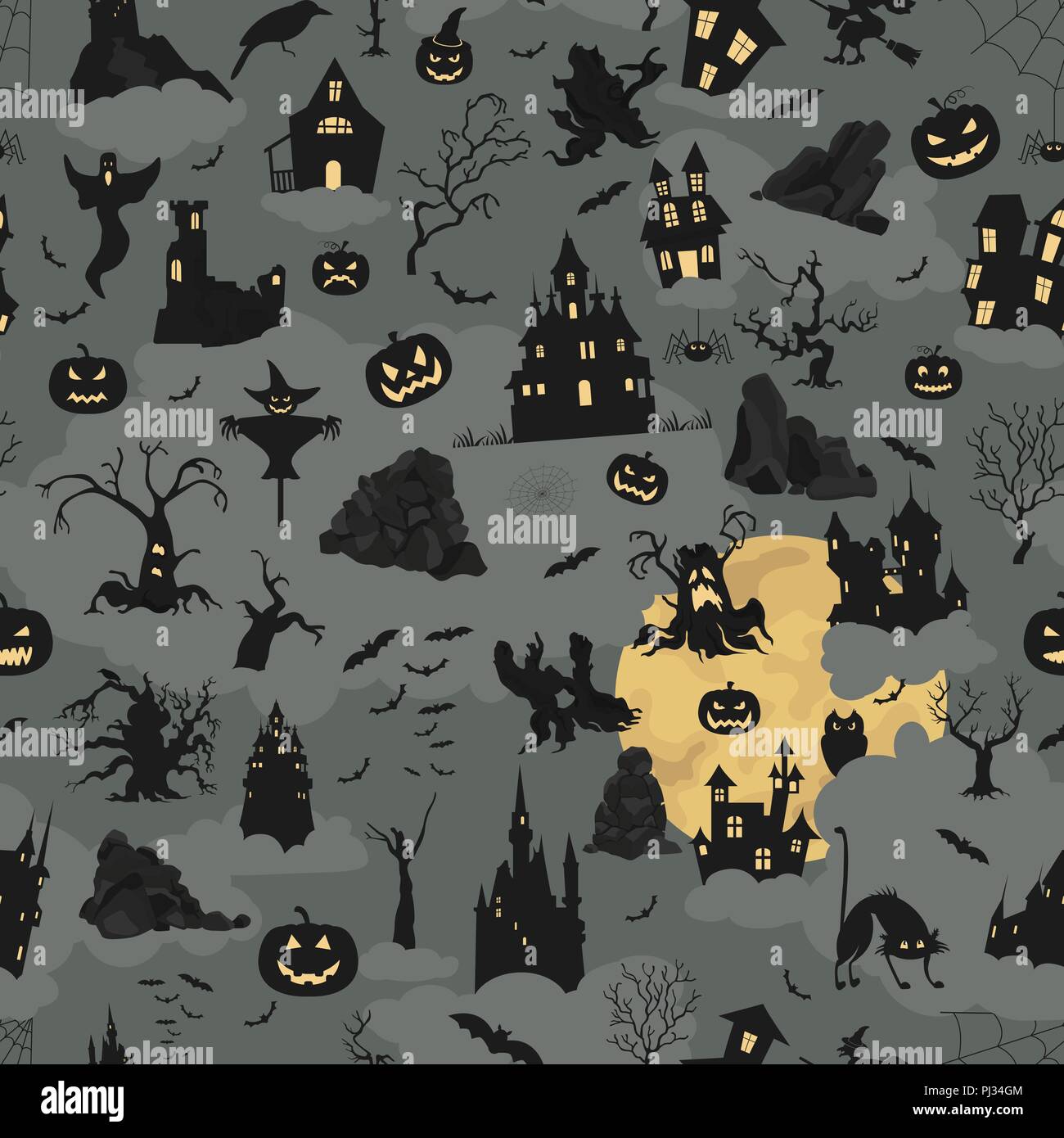 Halloween holiday seamless pattern. Flat design. Vector illustration Stock Vector