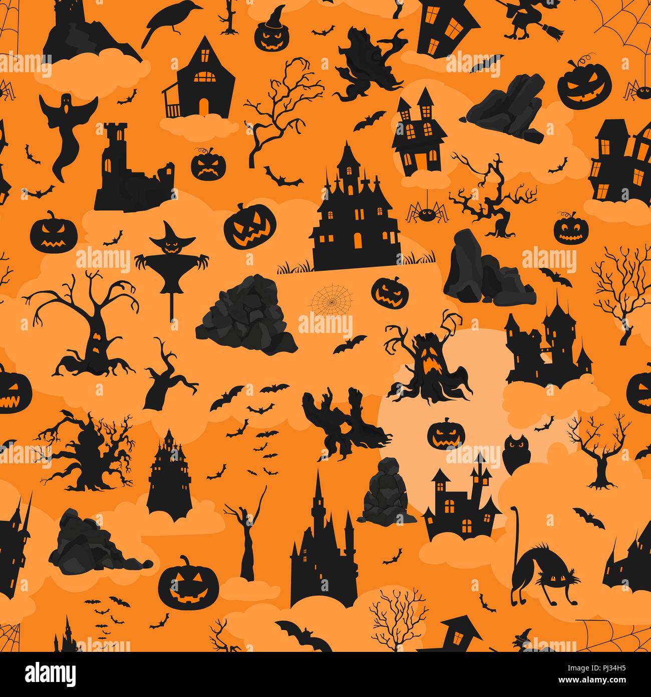 Halloween holiday seamless pattern. Flat design. Vector illustration Stock Vector