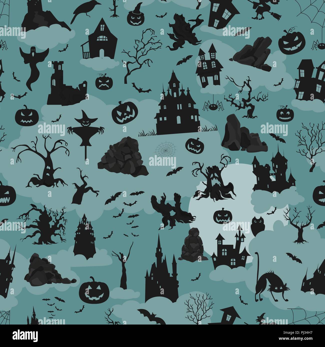 Halloween holiday seamless pattern. Flat design. Vector illustration Stock Vector