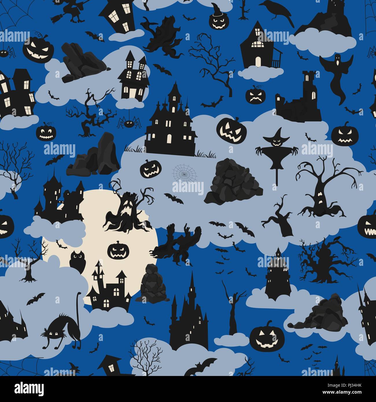 Halloween holiday seamless pattern. Flat design. Vector illustration Stock Vector