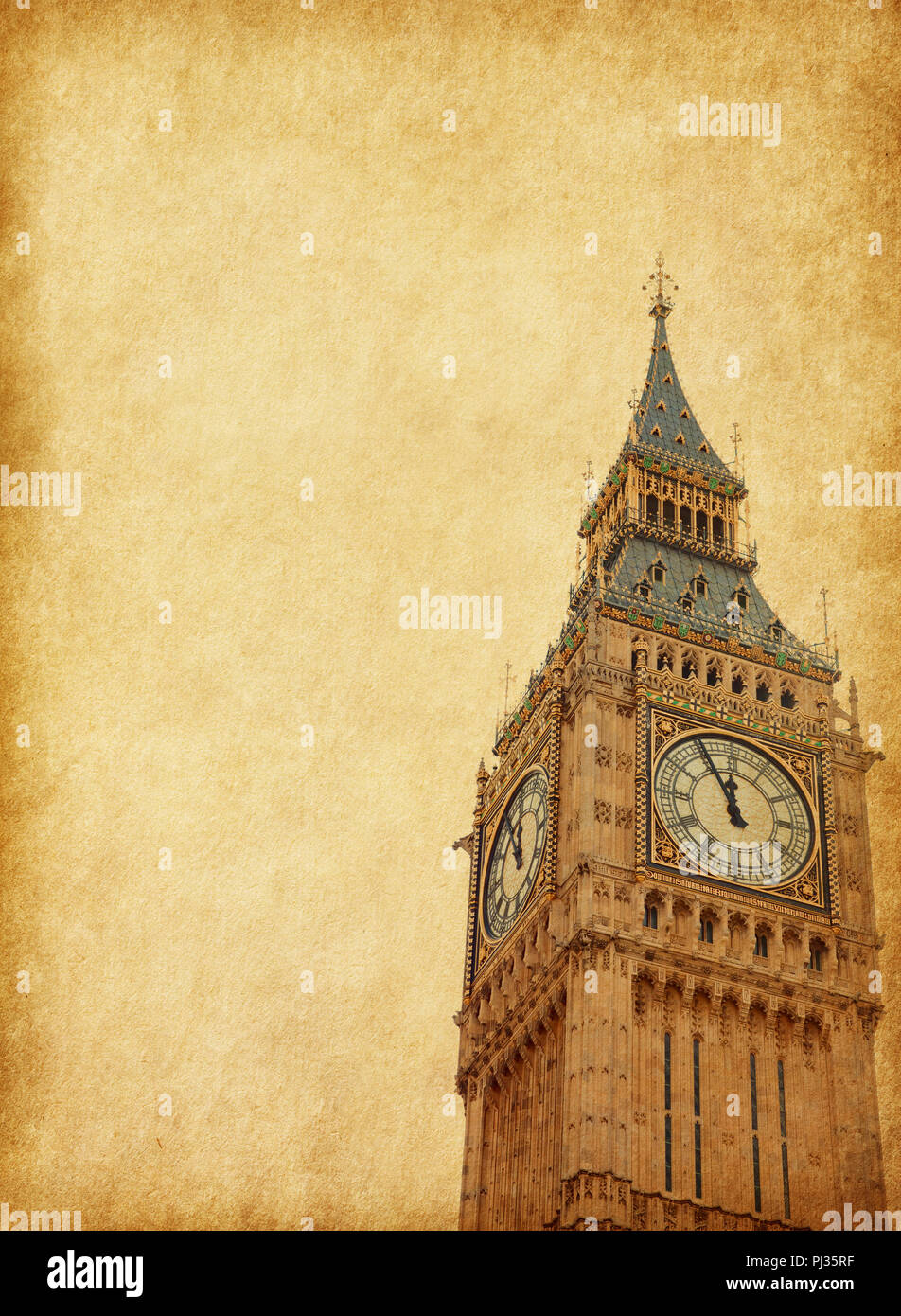 Big Ben - Upper portion of the tower, London,  Added paper texture Stock Photo