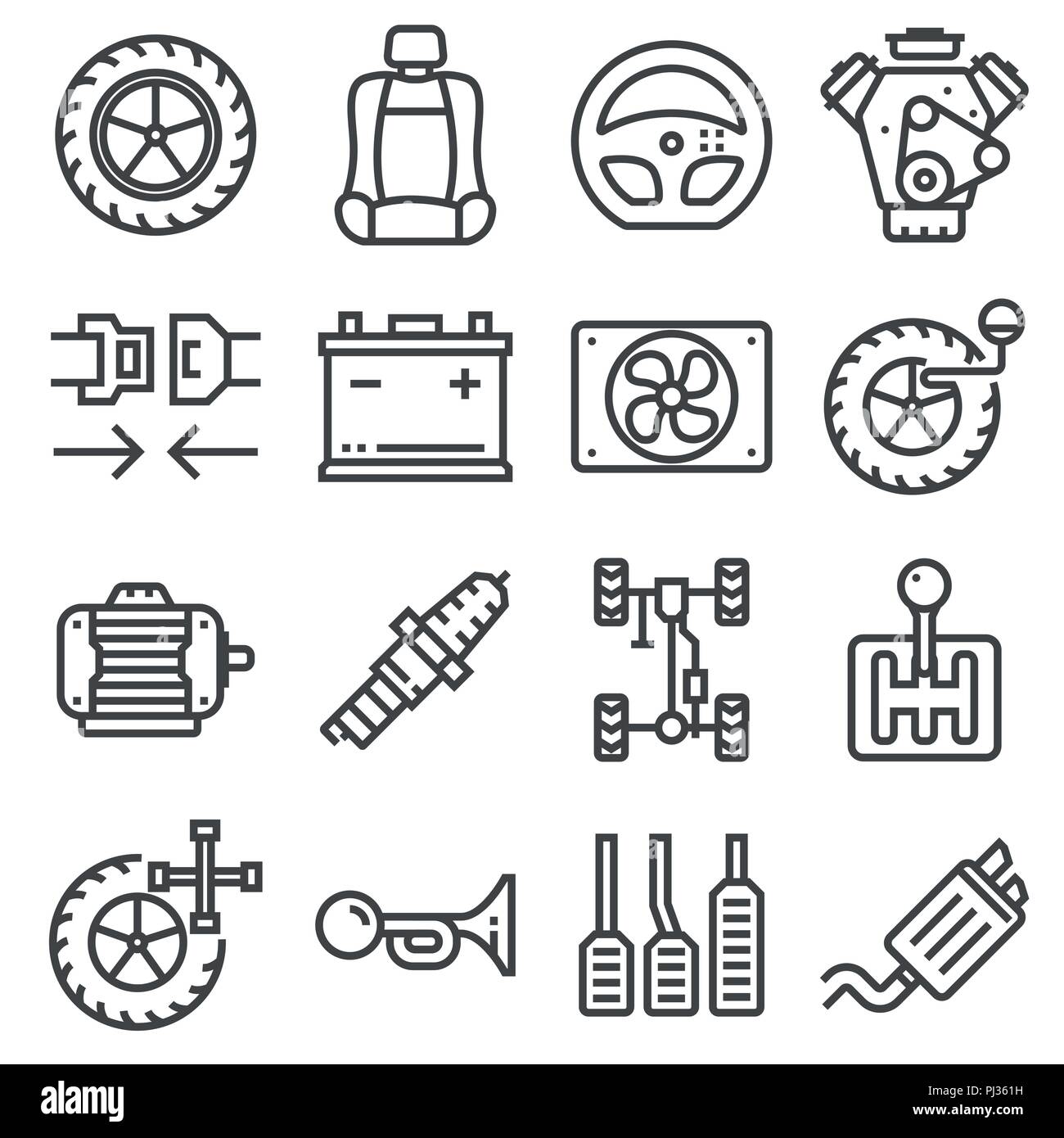 Vector Line Car Parts Icons Set. Pedals, Car Belt, Chassis, Car Exhaust