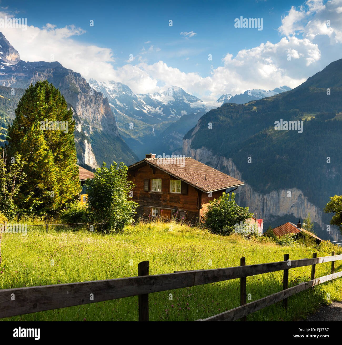 Colorful summer view of Wengen village. Beautiful outdoor scene in Swiss Alps, Bernese Oberland