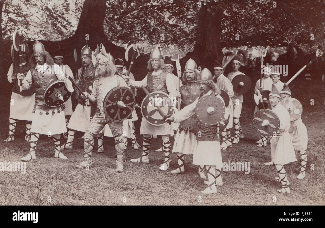 Vintage Photograph of Men Dressed up as Vikings For a Theatrical Performance, Pageant or Battle Re-enactment Stock Photo