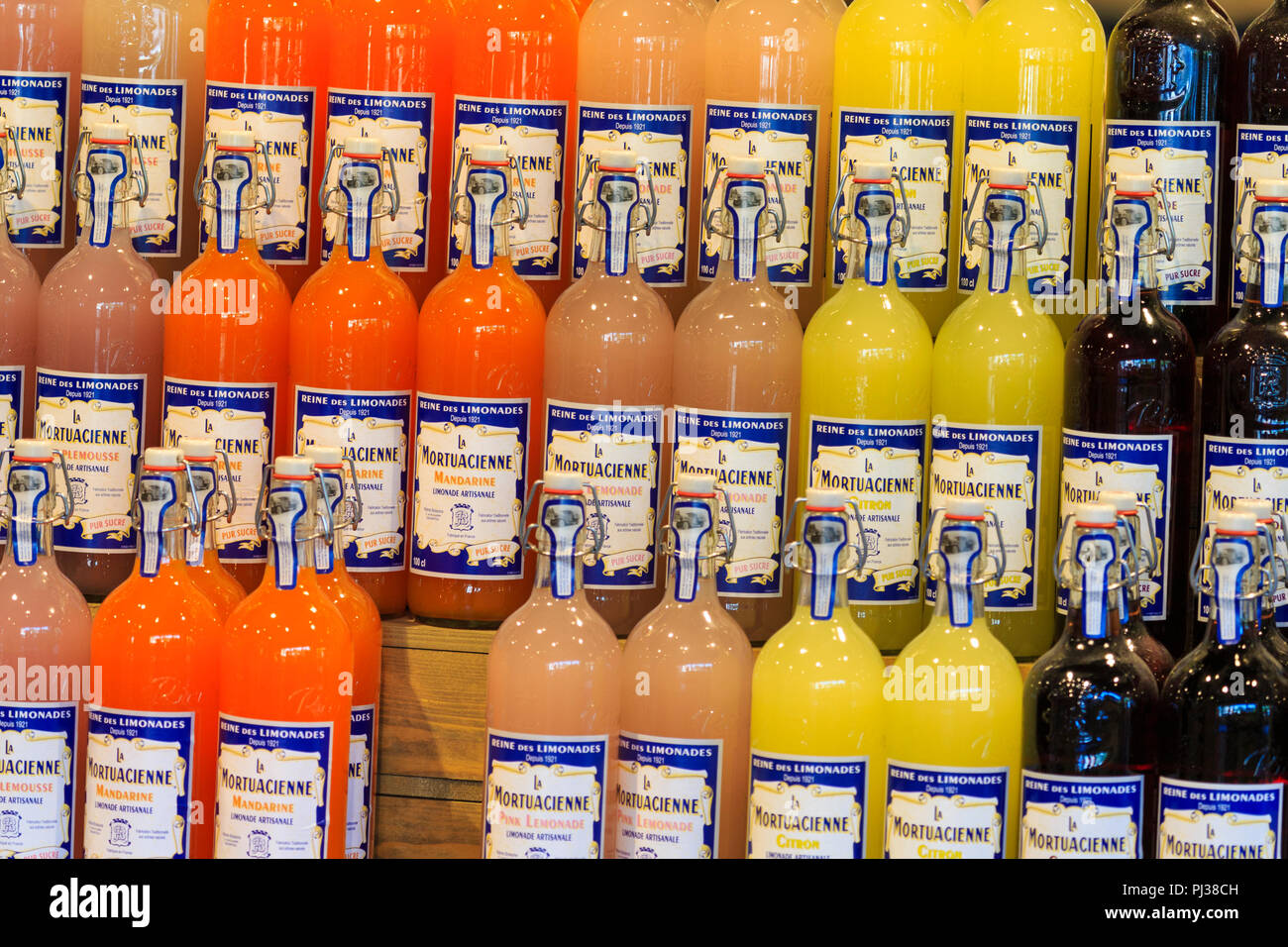 Row of la mortuacienne artisan lemonades, citron, mandarin, pink, Stock Photo