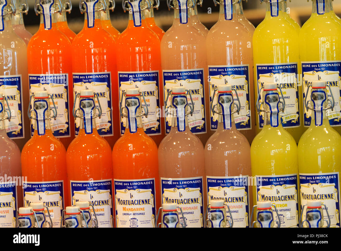Row of la mortuacienne artisan lemonades, citron, mandarin, pink, Stock Photo