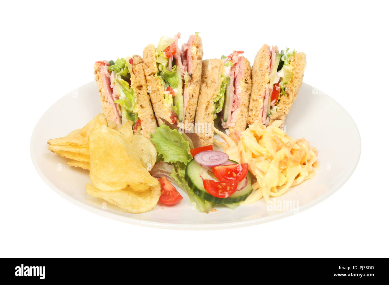 Ham Salad Sandwiches With Potato Crisps Salad Garnish And Coleslaw On A Plate Isolated Against White Stock Photo Alamy