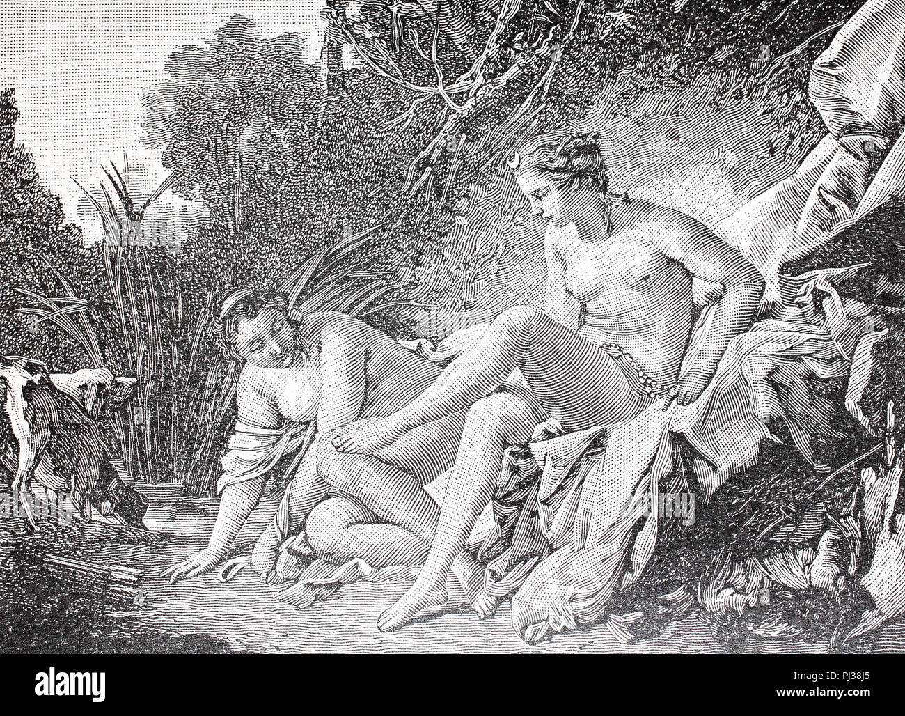 Diana, the goddess of the hunt, the moon, and nature in Roman mythology after her bathing, digital improved reproduction of an original from the year 1895 Stock Photo