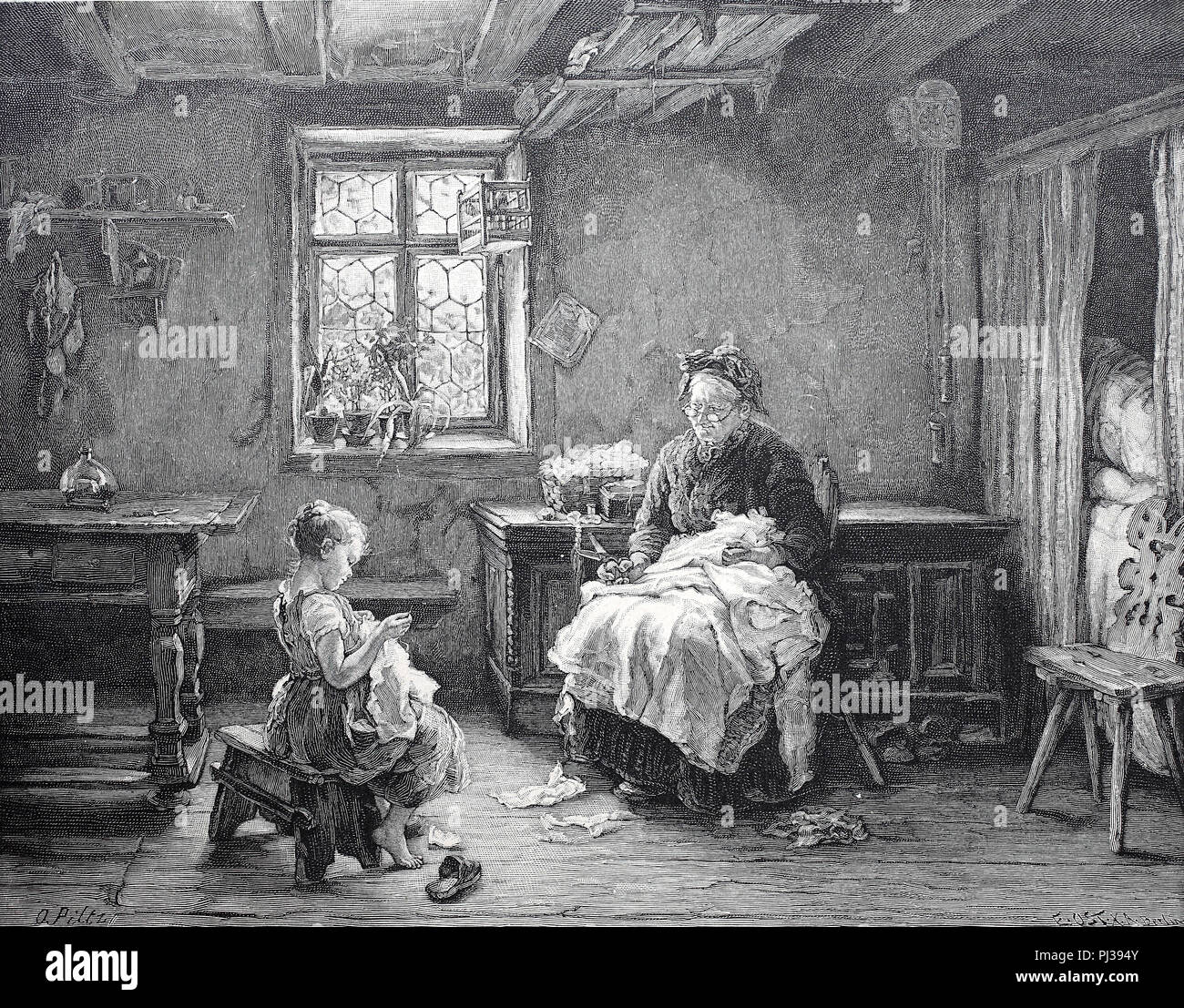 grandmother teaches the granddaughter to sew, digital improved reproduction of an original from the year 1895 Stock Photo