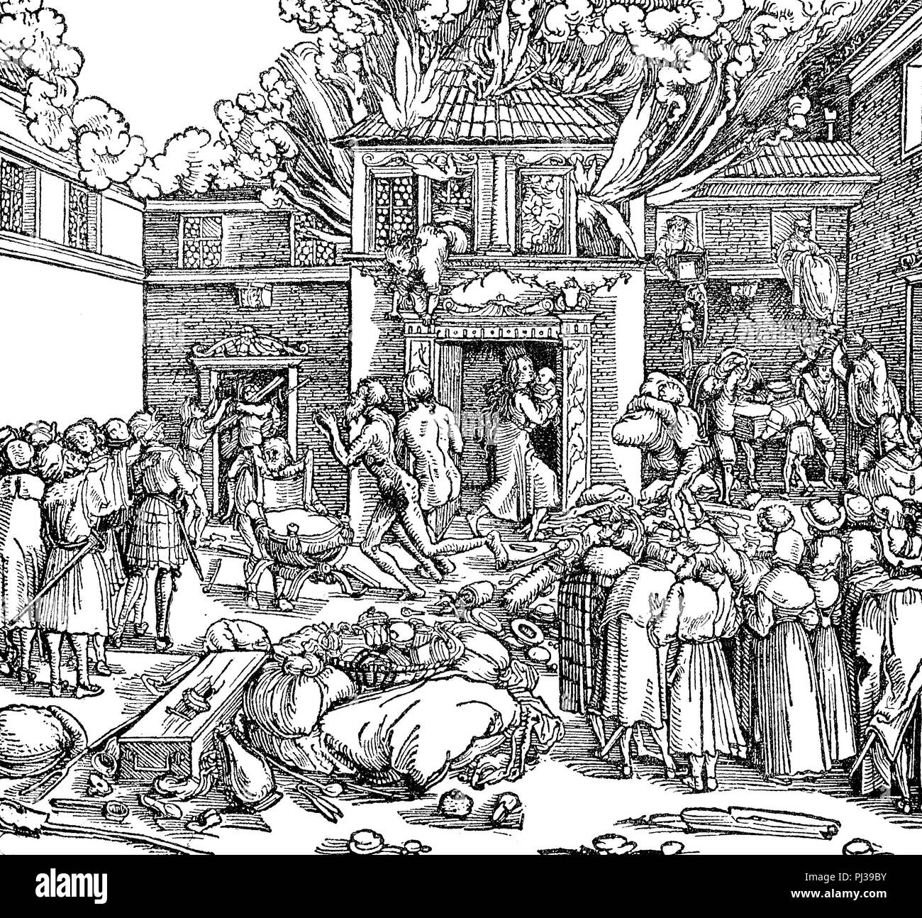 fire, conflagration in a city in the middle ages, 1690  , digital improved reproduction of an original from the year 1895 Stock Photo