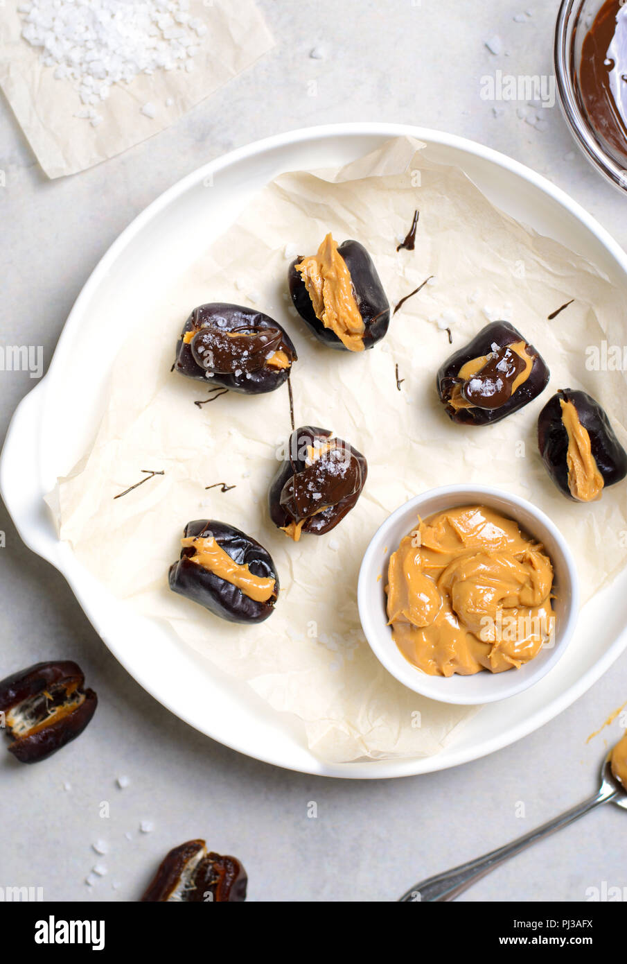 Dates with Peanut Butter Filling, Dark Chocolate and Sea Salt, Homemade