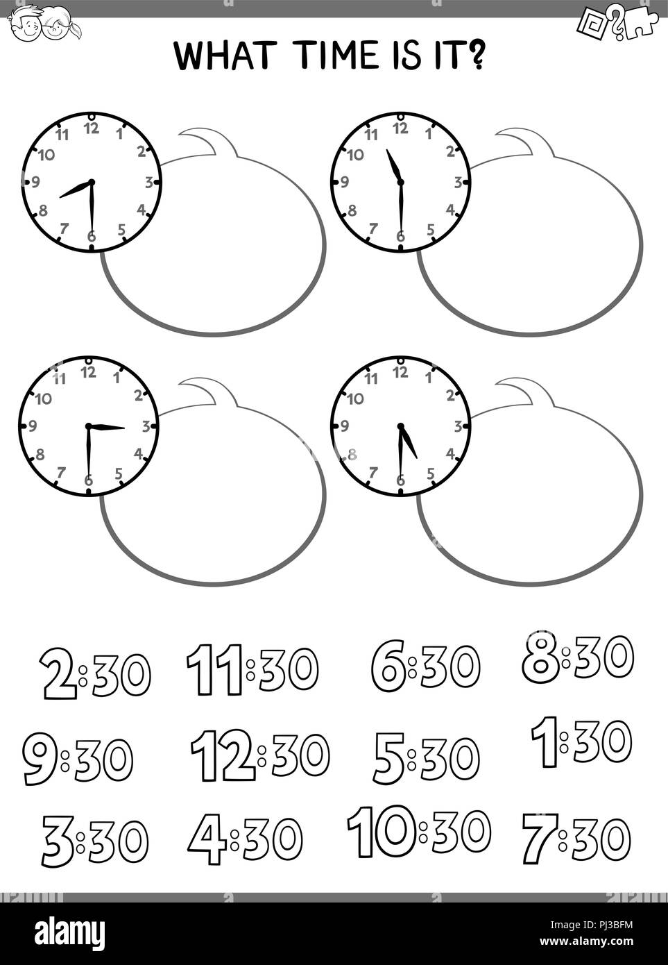 Black and White Cartoon Illustrations of Telling Time Educational Workbook with Clock Face for