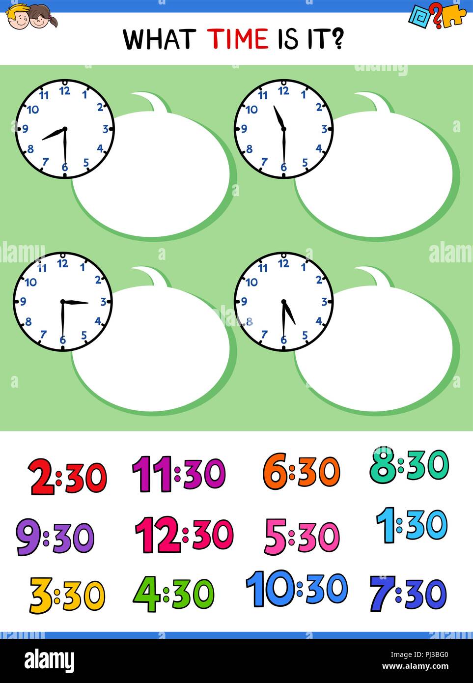 Cartoon Illustrations of Telling Time Educational Workbook with Clock Face for Children Stock Vector