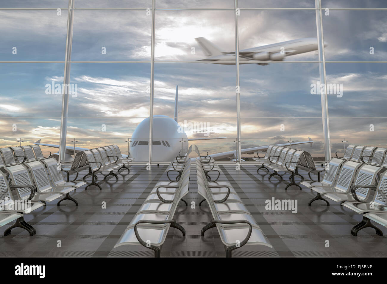 Empty airport departure lounge with airplane on background. 3d illustration  Stock Photo - Alamy