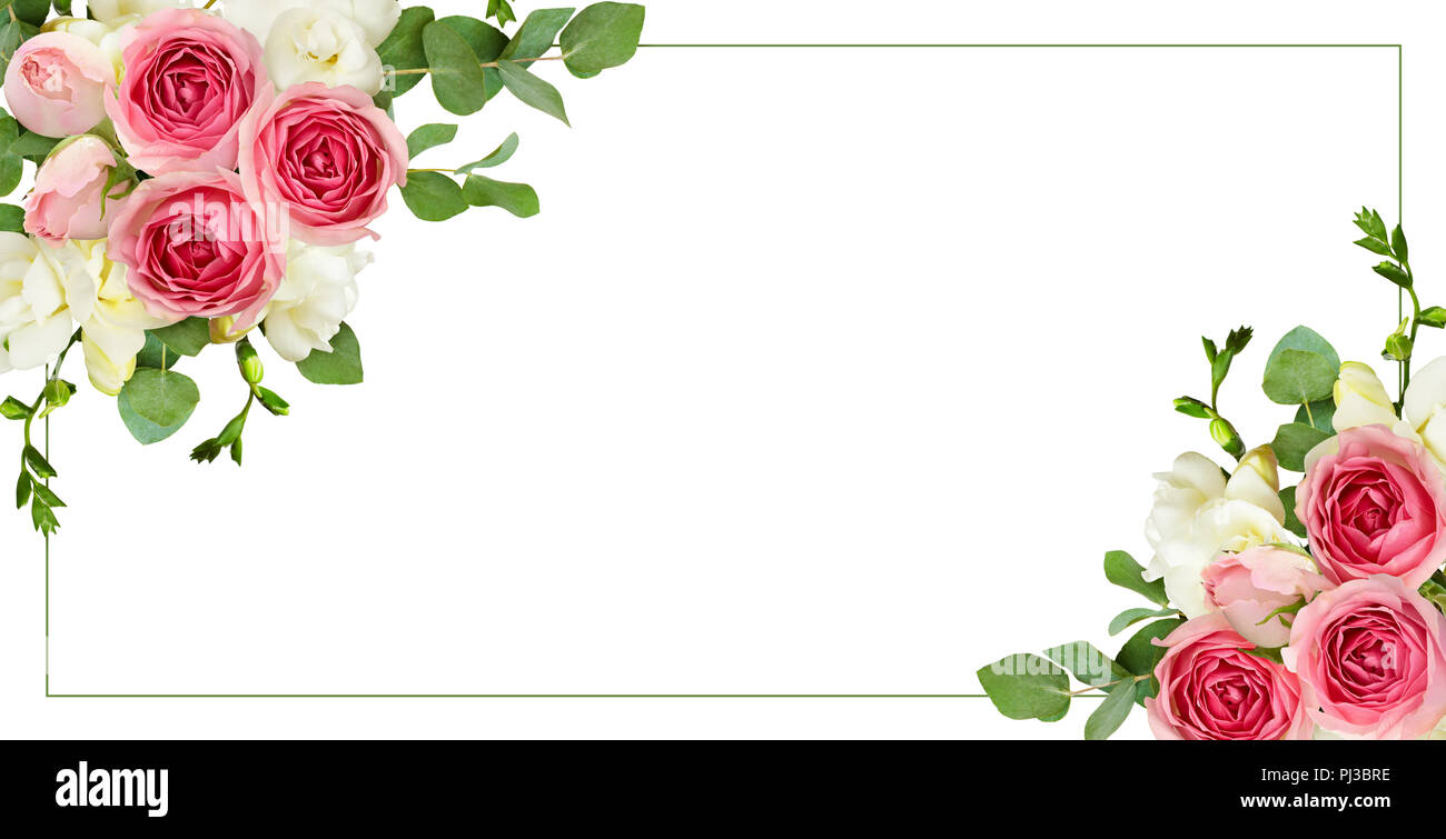 Eucalyptus leaves, freesia and pink rose flowers in corner arrangements ...