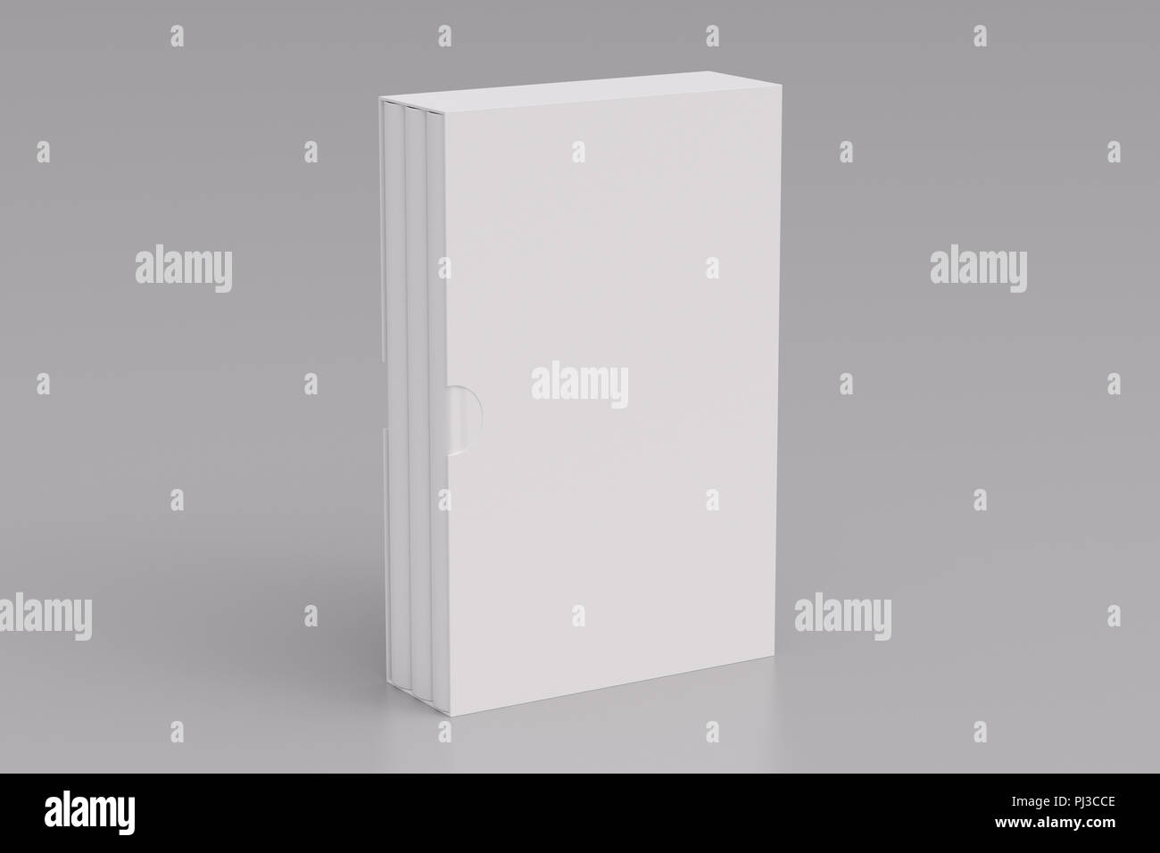 Three blank vertical books in box standing on white background. Include ...