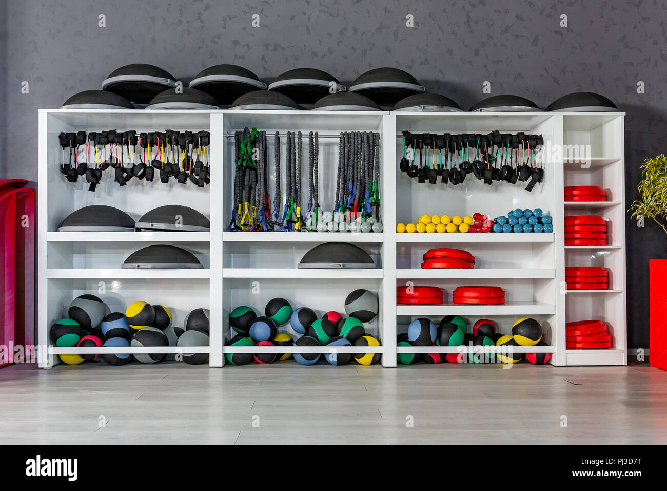 Dumbbells lying on the shelves. Gym. Equipment for a sports hall. Stock Photo
