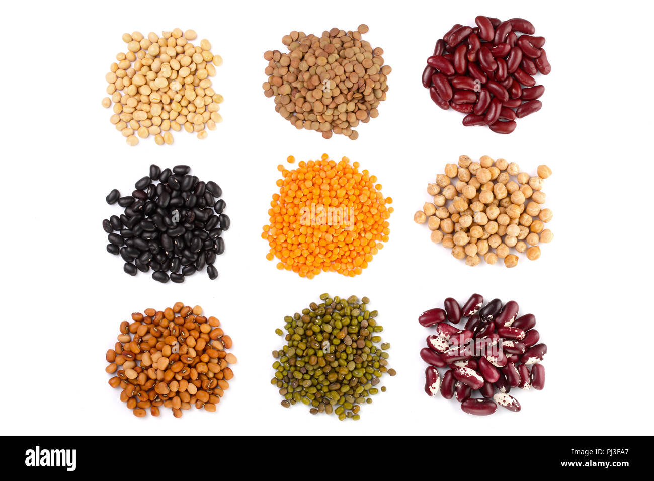 Collection set of Various dried kidney legumes haricot beans, soybeans