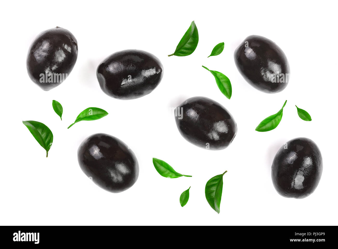 whole black olives isolated on white background. Top view. Flat lay