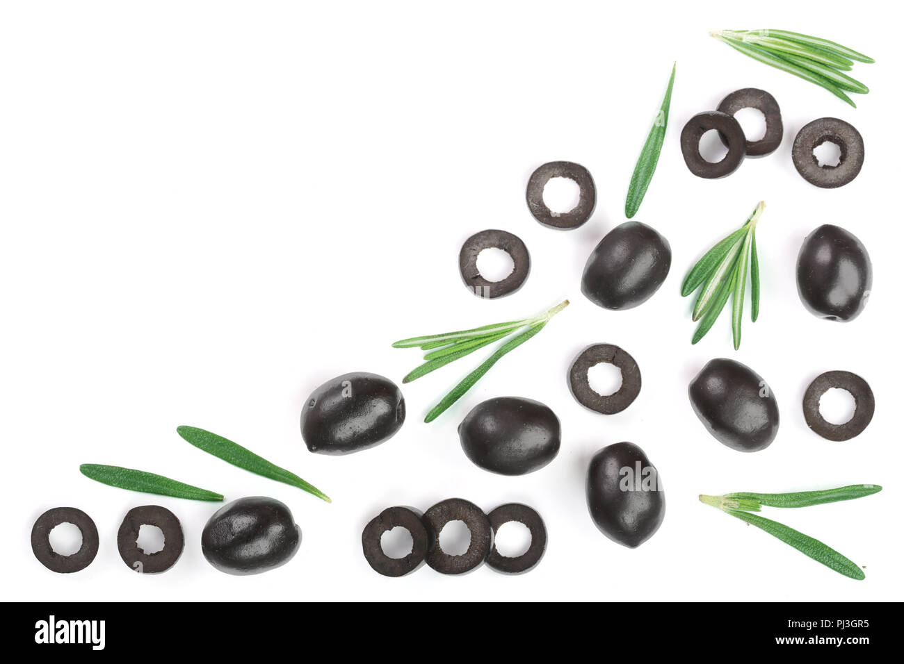 whole and sliced black olives with rosemary leaves isolated on white background. Top view. Flat lay pattern Stock Photo