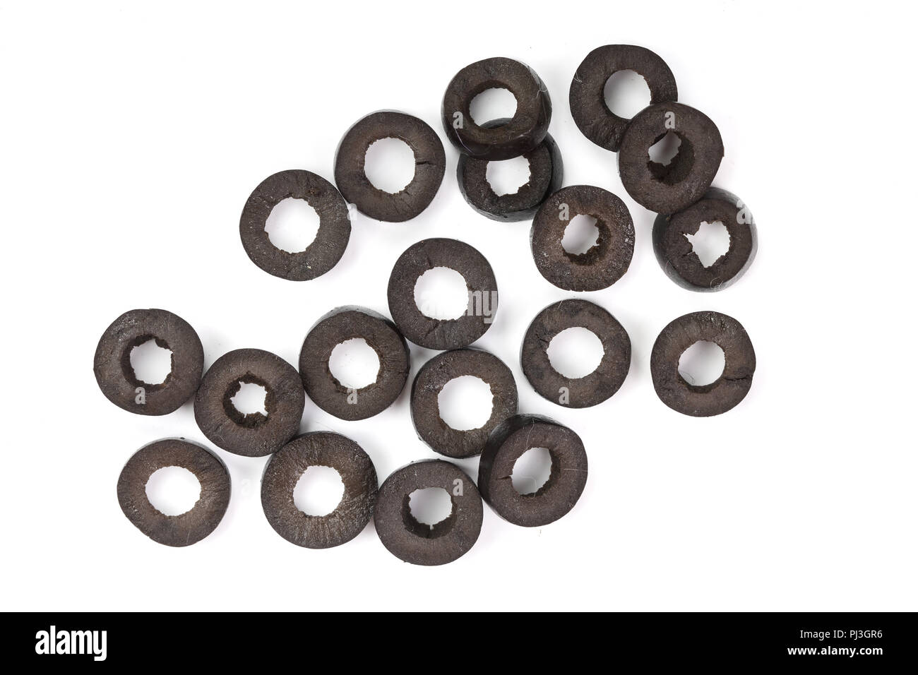 Sliced Black Olives Isolated On White Background Top View Flat Lay 