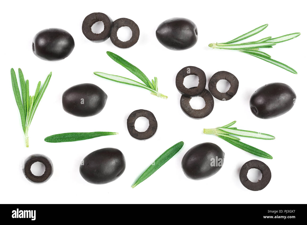 whole and sliced black olives with rosemary leaves isolated on white background. Top view. Flat lay pattern Stock Photo