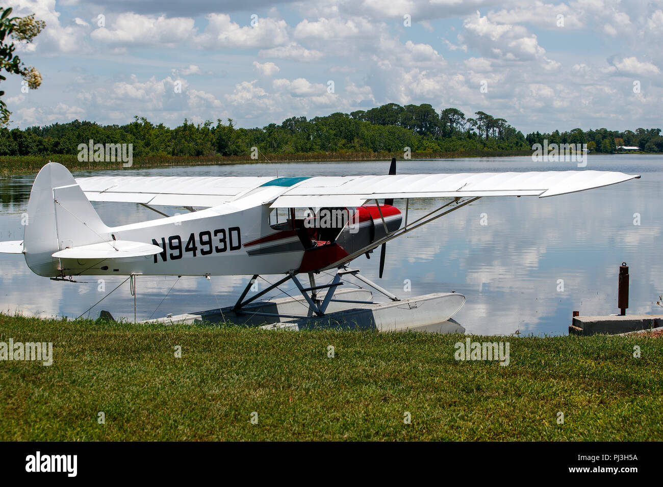 1958 Piper PA-18-150 Super Cub (N9493D) beached on the shores of Lake Jessie, Jack Brown's Seaplane Base (F57), Winter Haven, Florida, United States of America Stock Photo