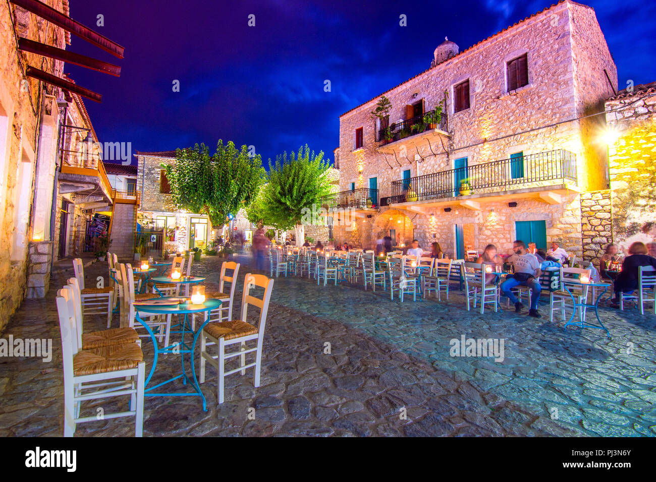 Night view of the traditional village of Areopoli in Mani region with