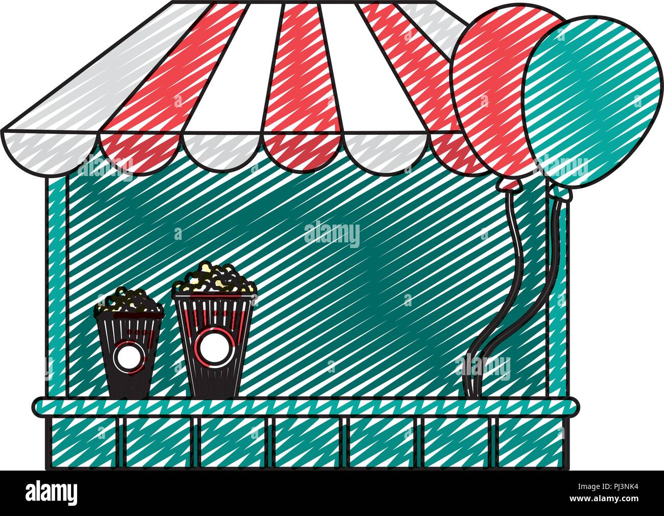 doodle carnival store festival with popcorn and balloons Stock Vector ...