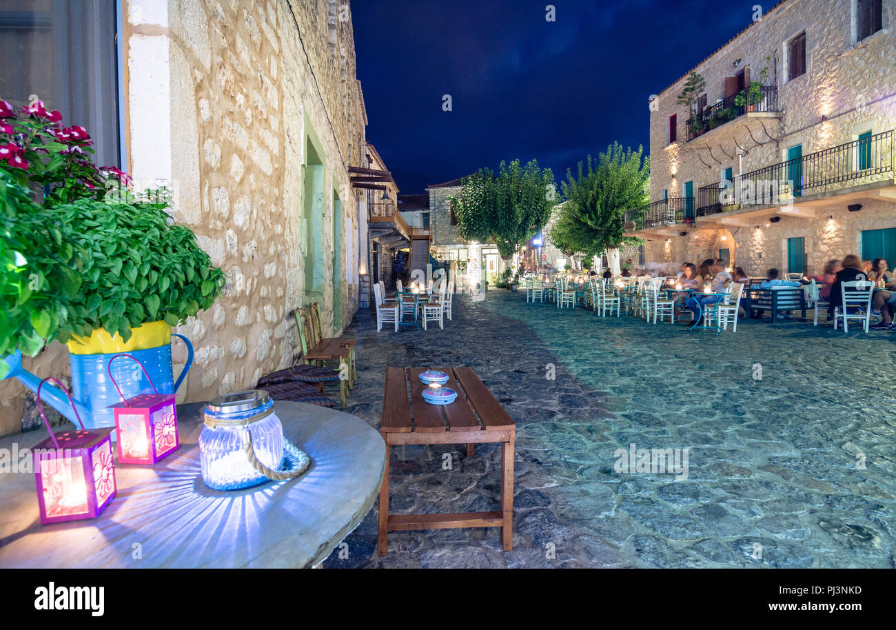 Night view of the traditional village of Areopoli in Mani region with