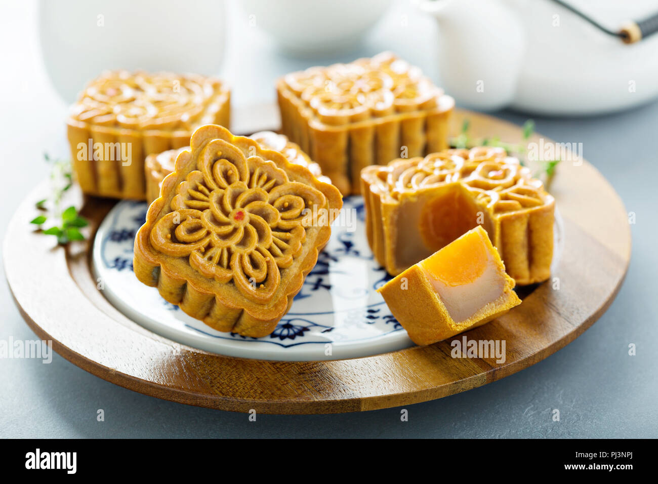 Traditional Chinese mooncakes for mid autumn festival with egg yolk ...