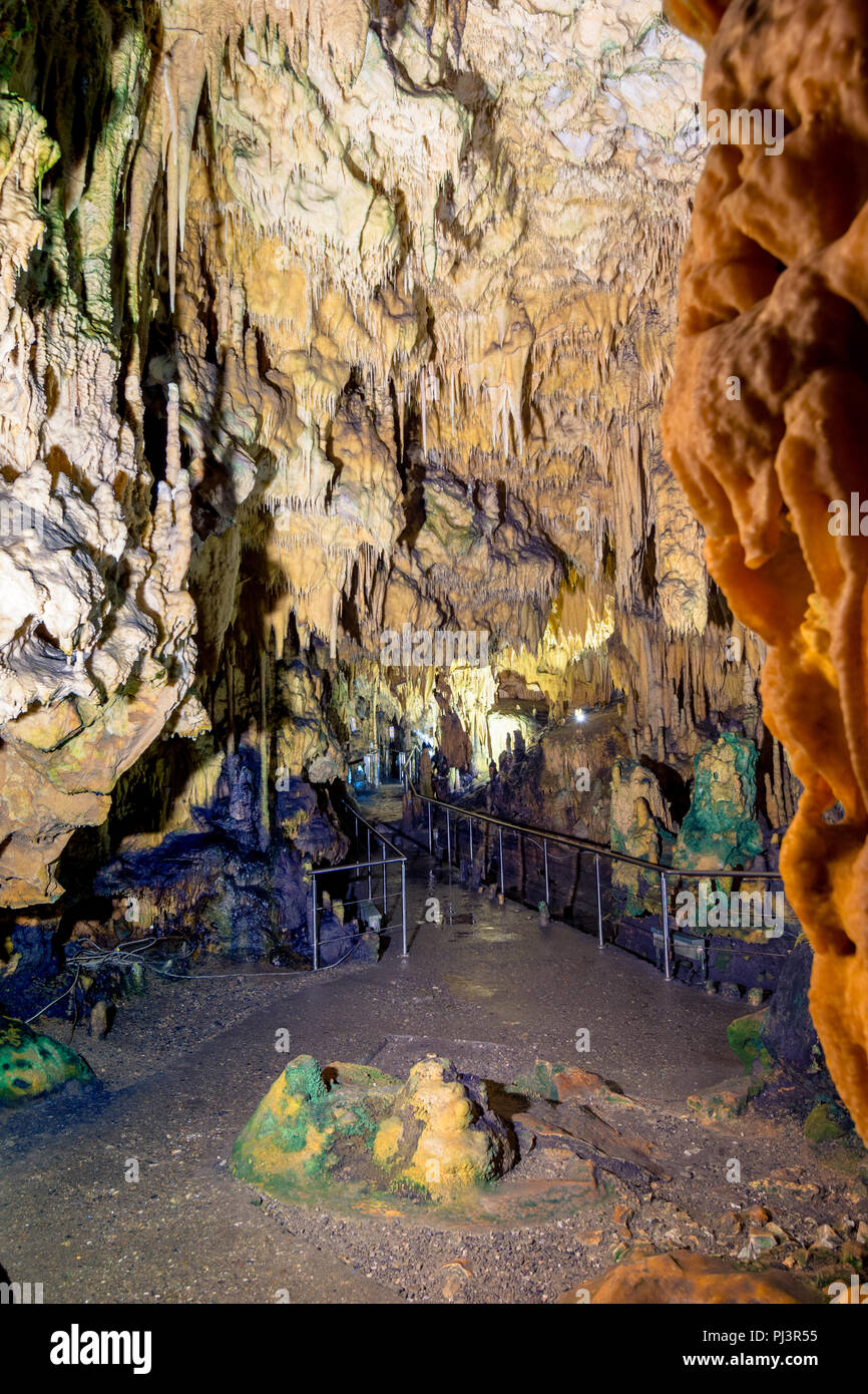 The magnificent and majestic caves of Diros in Greece. A spectacular sight of stalacites and stalagmites which took millions of years to form. Stock Photo