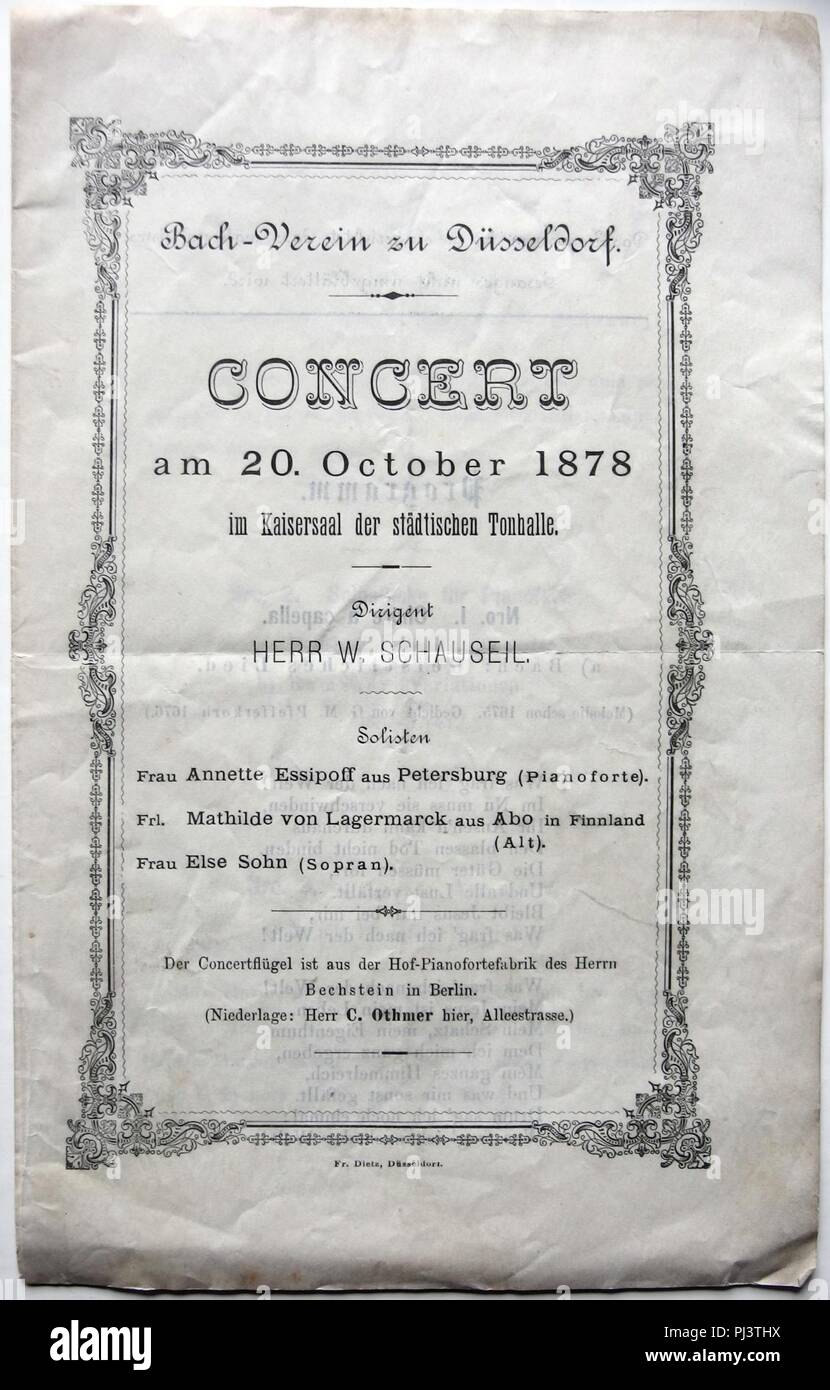 Bach-Verein zu Düsseldorf - Programm 20. Oktober 1878. Stock Photo