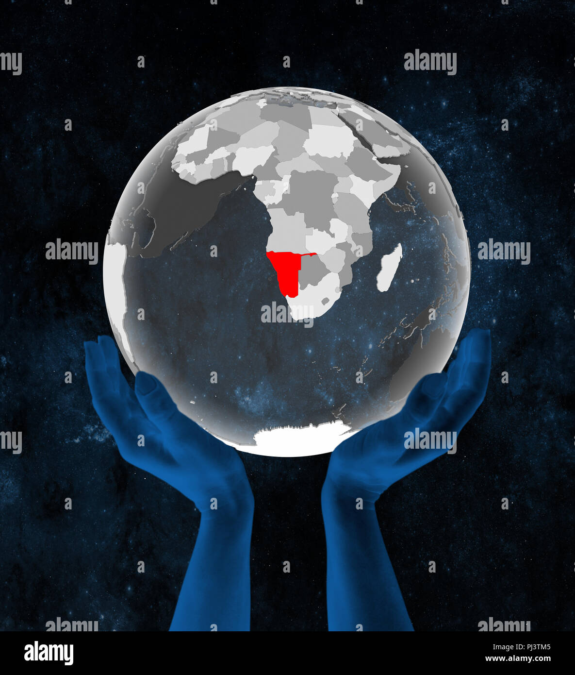 Namibia Map Using The Hand Namibia on translucent globe in hands in space. 3D illustration Stock ...
