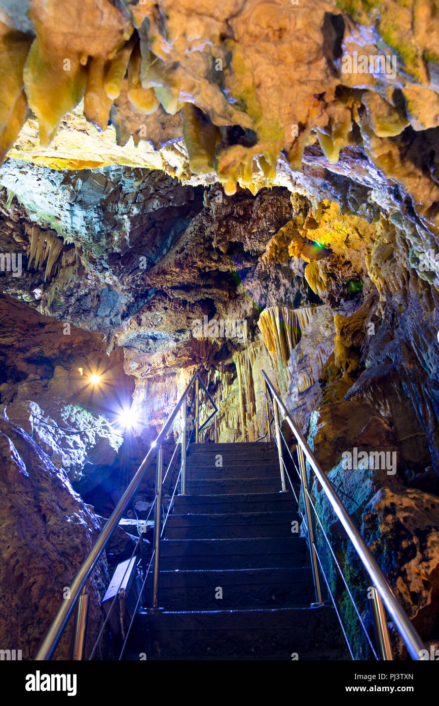 The magnificent and majestic caves of Diros in Greece. A spectacular sight of stalacites and stalagmites which took millions of years to form. Stock Photo