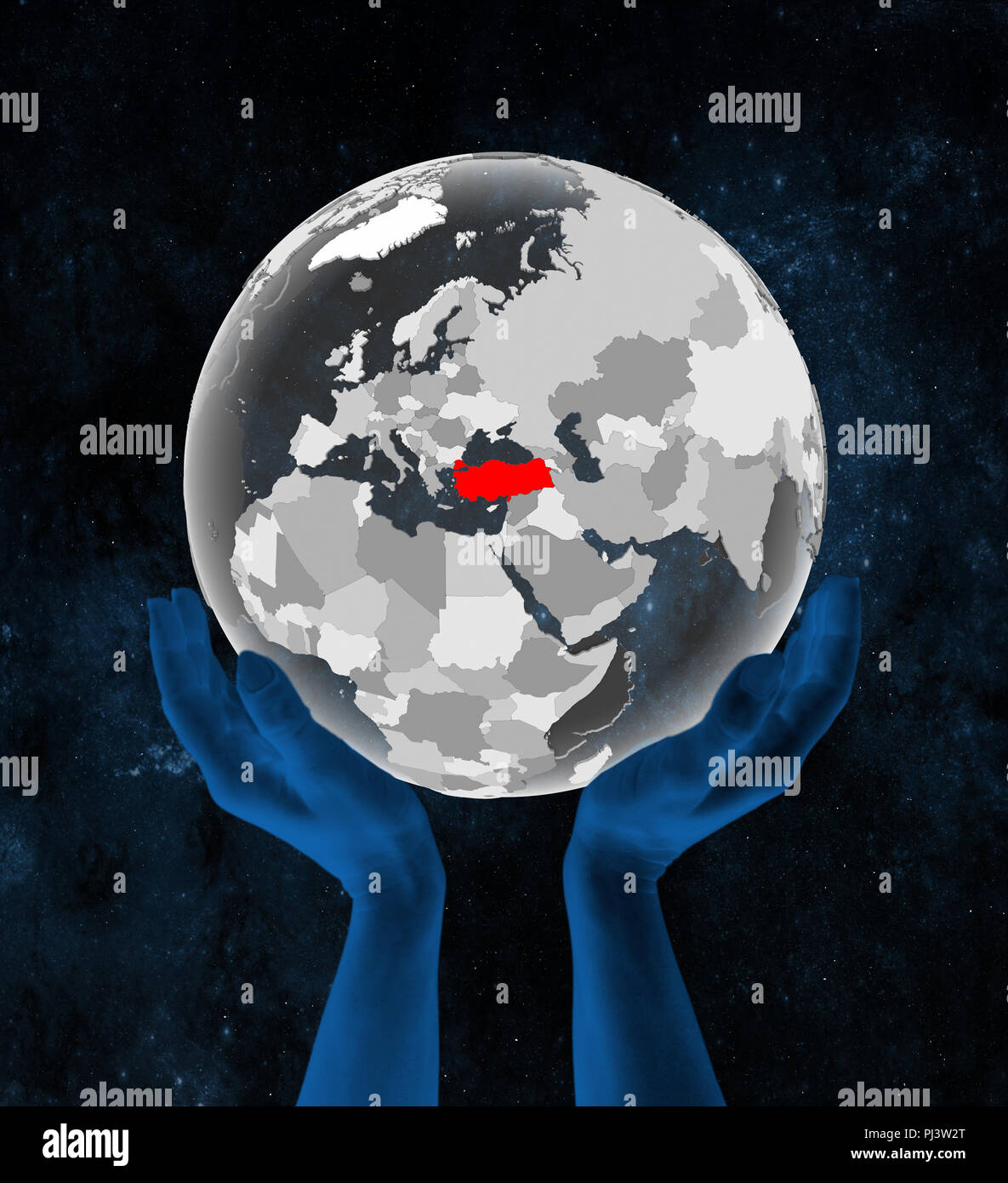 Turkey on translucent globe in hands in space. 3D illustration Stock ...