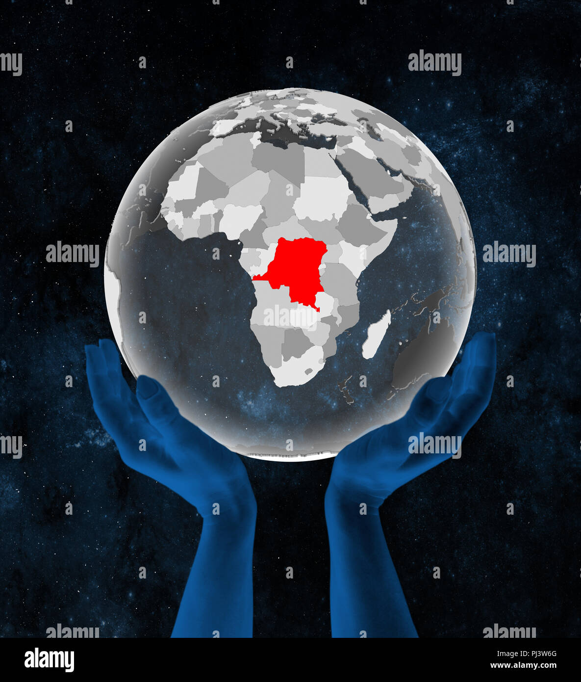 Democratic Republic of Congo on translucent globe in hands in space. 3D ...