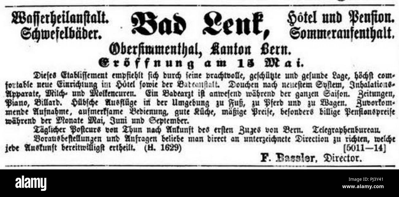 Bad Lenk Anzeige 1871. Stock Photo
