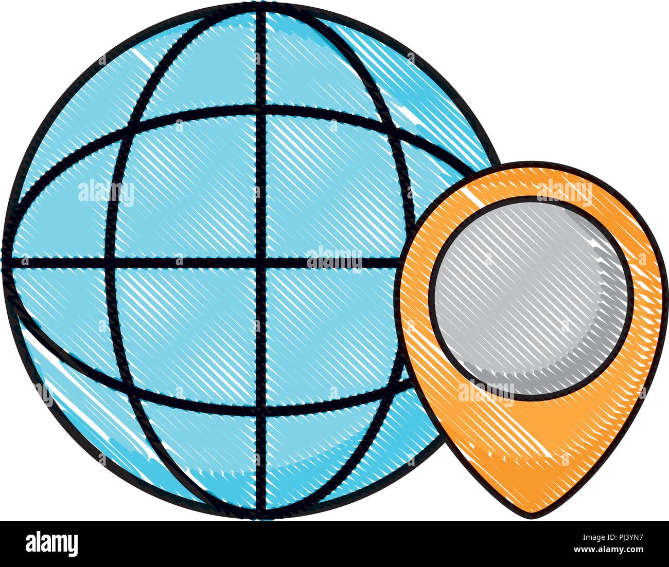 global sphere and location pin over white background, vector