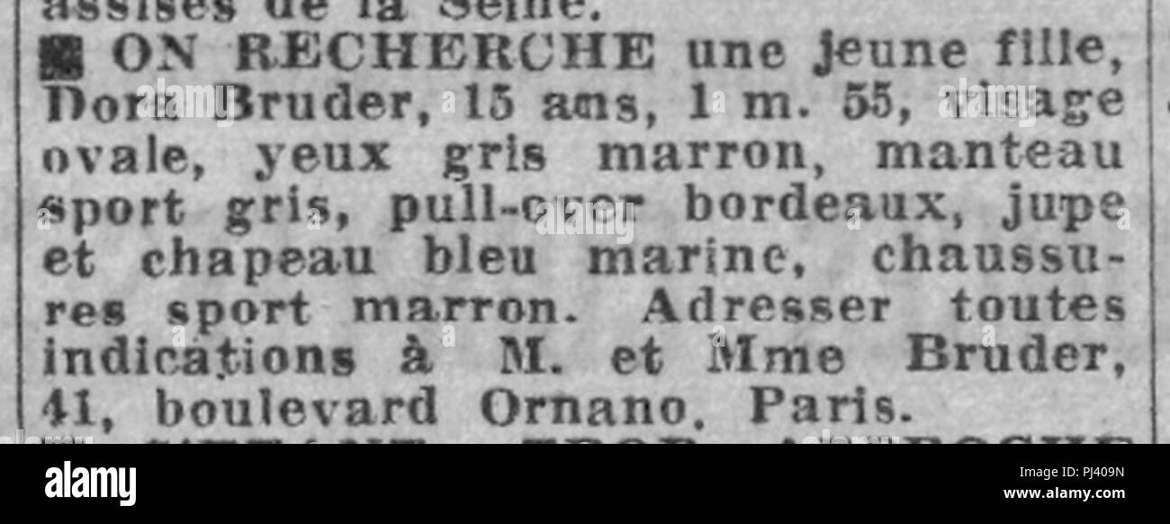 Avis de recherche pour Dora Bruder Paris-Soir 31 décembre 1941 Stock Photo  - Alamy