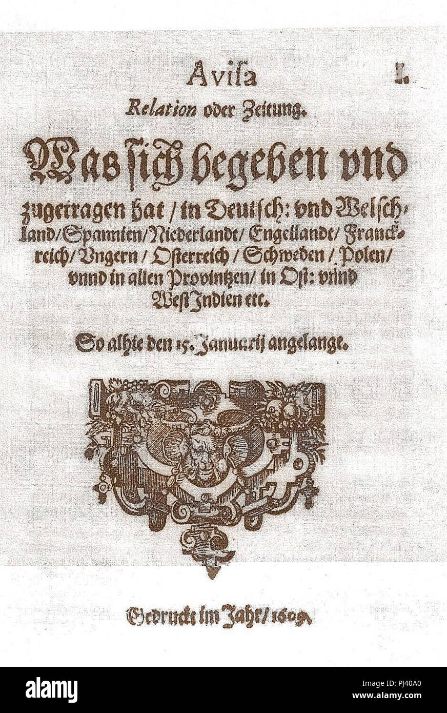 Aviso Nr.1 Januar 1609 enhanced. Stock Photo