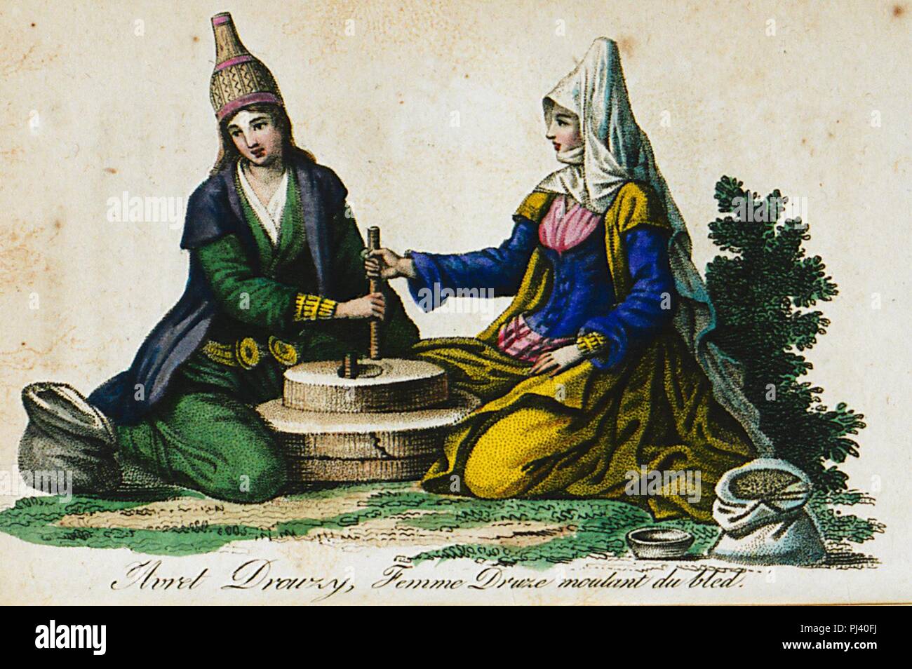 Avret drouzy, femme druze moulant du bled - Castellan Antoine-laurent - 1812. Stock Photo